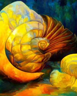 Dream of Seashell series. Interplay of spiral structures, shell patterns, colors and abstract elements on the subject of sea life, nature, creativity, art and design.