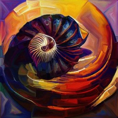 Nautilus Dream series. Composition of spiral structures, shell patterns, colors and abstract elements on the subject of sea life, nature, creativity, art and design.