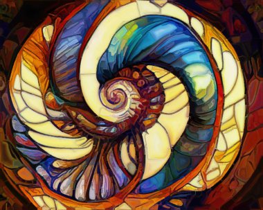 Dream of Nautilus series. Arrangement of spiral structures, shell patterns, colors and abstract elements on the subject of sea life, nature, creativity, art and design.