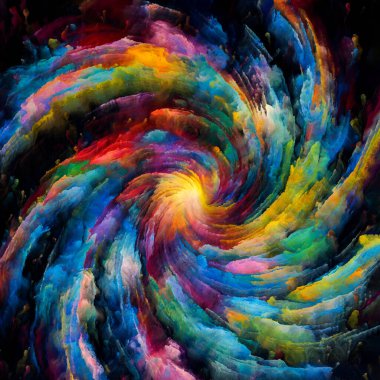 Color In Motion serisi. Renk, ışık ve hareket algısı, kompozisyon ve dizayn geometrisi üzerinde tuval üzerinde hareket eden, dönen ve akan boyanın arka plan tasarımı.