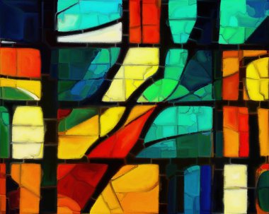Stained Glass on Canvas series. Composition of multicolored shapes and fragments on the subject of art, creativity and design.