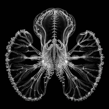 Yaşam formları dizisinin yaratılışı. Sanatsal illüstrasyon, hayal gücü, kompozisyon ve tasarım konularındaki dijital noktaların kaotik düzeninden ortaya çıkan bir yaşam formu siluetinin soyut arkaplanı.