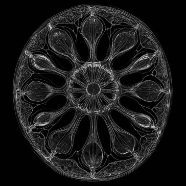 Yaşam formları dizisinin yaratılışı. Sanatsal illüstrasyon, hayal gücü, kompozisyon ve tasarım konularındaki dijital hayal gücünü sembolize eden mürekkep noktaları takımyıldızıyla betimlenmiş soyut bir yaşam formu..