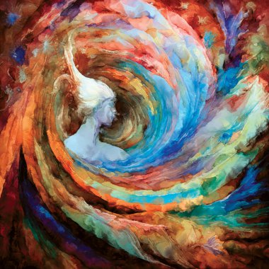 Color In Motion serisi. Renk, ışık ve hareket algısı, kompozisyon ve dizayn geometrisi üzerine tuval üzerinde hareket eden, dönen ve akan boya görüntüsü.