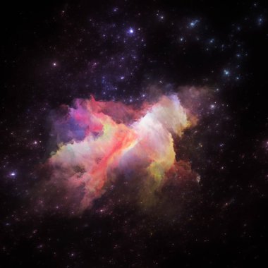 Rüya Bulutsusu serisi. Fraktal yıldızlardan oluşan arkaplan ve bilim, sanat, fantezi ve grafik tasarım üzerine boyanmış nebula.