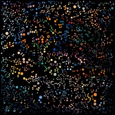 Küresel Alan Adı Serisi. Moleküler uyum, atomik birlik ve görsel soyutlama konularında yapılandırılmış ritimler oluşturan parlak noktaların üst üste yığıldığı ağlar..