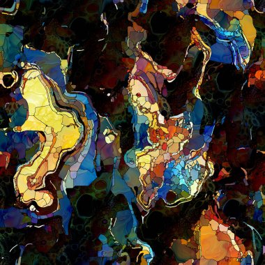 Dijital Cam serisi. Renk algısı, kompozisyon, vitray tasarımı, sanat camı ve ışık algısı üzerinde dalgalı mozaikler oluşturan kıvrımlı cam desenleri..