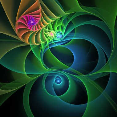 Frekans Hareketi serisi. Popüler bilim, eğitim ve araştırma konularındaki girdap, bükülme ve etkileşim dalgalarının sanatsal soyutlanması.