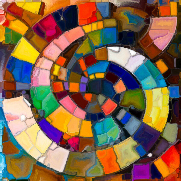 Мозаичный холст. Яркое расположение геометрических форм и смелых цветов, которые, кажется, пульсируют динамической энергией.
