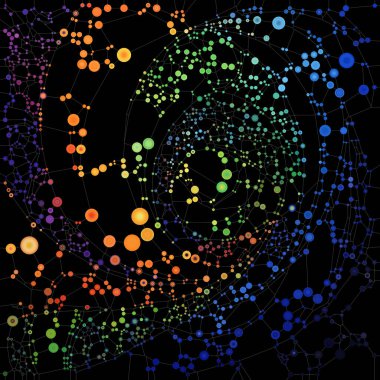 Dot World serisi. Atomik birlik, bağlantı ve moleküler teori konularındaki karmaşık kalıplarla birbirine bağlı canlı kürelerin bileşimi.
