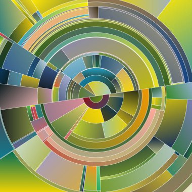 Renkli Palet serisi. Veri görselleştirme, bilim, tasarım, sanat, kaos düzeni ve renk teorisi konularında dinamik tonlarla üst üste binen kavisler ve parçalanmış radyal desenler.