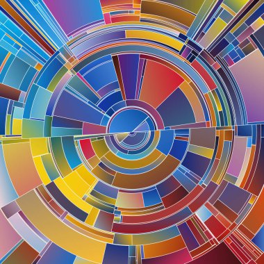 Renkli Dişliler serisi. Renk teorisi, kaos, tasarım, bilim ve sanat konularında kesişen yay ve zıt tonlarla soyut radyal formlar.