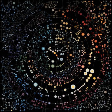 Noktalı Bağlantılar serisi. Görsel algı, bağlantı ve atom teorisi konularındaki karmaşık kalıplarla birbirine bağlı canlı kürelerin bileşimi.