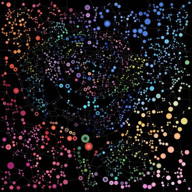 Moleküler bağlantılar serisi. Moleküler teori, korusküler tasarım, bağlantı ve birlik konularındaki karmaşık kalıplarla birbirine bağlı canlı kürelerin bileşimi.