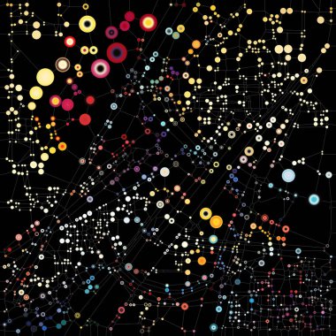 Dot World serisi. Atomik birlik, bağlantı ve moleküler teori konularındaki karmaşık kalıplarla birbirine bağlı canlı kürelerin bileşimi.