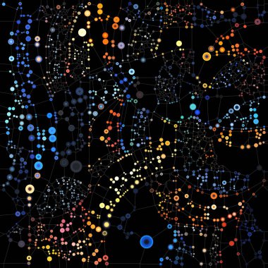 Dot World serisi. Atomik birlik, bağlantı ve moleküler teori konularındaki karmaşık kalıplarla birbirine bağlı canlı kürelerin bileşimi.