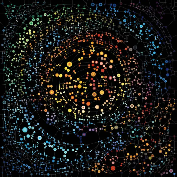 Dot World serisi. Atomik birlik, bağlantı ve moleküler teori konularındaki karmaşık kalıplarla birbirine bağlı canlı kürelerin bileşimi.