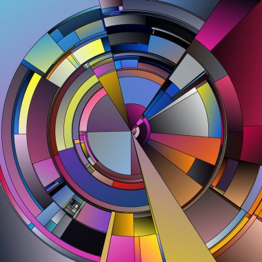 Renkli Tekerlek serisi. Bilim, renk teorisi, tasarım, sanat ve görselleştirme konularında canlı tonsal eğimlere ve kesişen eğrilere sahip dinamik radyal desenler.