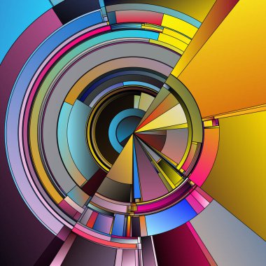 Renkli Tekerlek serisi. Bilim, konsept tasarım, sanat, görselleştirme ve renk teorisi üzerinde canlı açısal unsurlara sahip eş merkezli geometrik desenler.