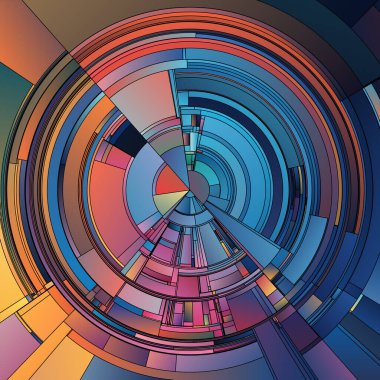 Renkli Dişliler serisi. Görselleştirme, tasarım, renk teorisi, bilim ve sanat konularında karmaşık tonsal zıtlıklar ve pürüzsüz geçişlerle çok katmanlı radyal formlar.