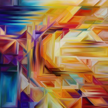 Mozaik tuval serisi. Bu sanat eseri geometrik formlar ve parlak renklerin karmaşık bir düzenini içeriyor, dinamik bir görsel manzara yaratıyor..