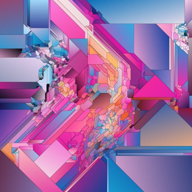 Parçalanmış Gradyan serisi. Görsel sanat, kompozisyon, renk teorisi, renk algısı ve tasarım birliği konularında karmaşık kalıplar oluşturan parlak renk geçişleriyle noktalanan soyut geometri.