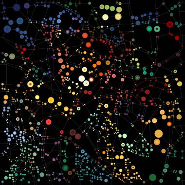 Dot World serisi. Atomik birlik, bağlantı ve moleküler teori konularındaki karmaşık kalıplarla birbirine bağlı canlı kürelerin bileşimi.