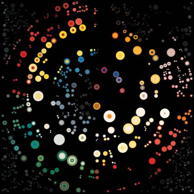Dot World serisi. Soyutlama, atomik sistemler, moleküler tasarım ve görsel algı konularında akan bir ritim oluşturan dairesel elementlerin dağınık hizalanması.