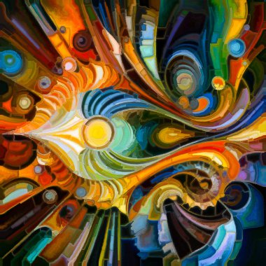 Mozaik tuval serisi. Radyasyon renkleri ve geometrik şekillerin dinamik etkileşimler yarattığı karmaşık ve görsel olarak meşgul edici soyut bir bileşim.