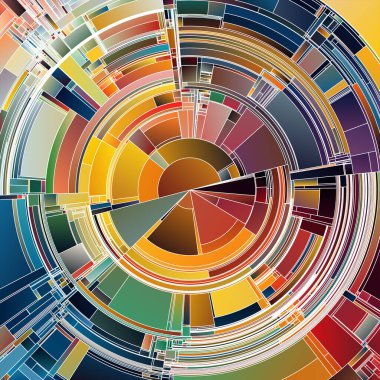 Renkli Palet serisi. Görselleştirme, sanat, veri görselleştirme, bilim ve kaos içinde düzen konularında parçalanmış renk geçişleriyle simetrik dairesel katmanlar.