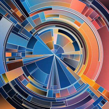 Çarkıfelek serisi. Konsept tasarım, sanat, bilim, renk teorisi ve görselleştirme konularında üst üste binen dairesel kalıplar, bölümlü katmanlar ve canlı gradyanlar.