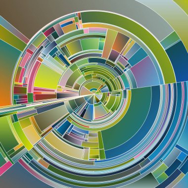 Renkli Dişliler serisi. Görselleştirme, konsept tasarım, sanat, veri görselleştirme ve bilim konularındaki eş merkezli dairesel modellerin ve açısal bölümlerin uyumlu birleşimi.