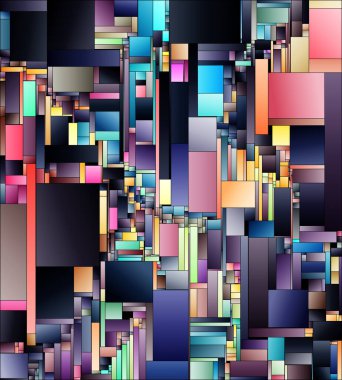 Parçalı Renk serisi. Renkli dikdörtgen biçimlerin kompozisyon, tasarım birliği, renk teorisi, görsel sanat ve renk algısı konularında yumuşak gradyanlarla katmanlı düzenlenmesi.