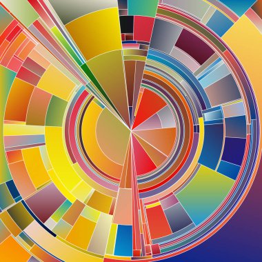 Renkli Dişliler serisi. Bilim, konsept tasarım, sanat, renk teorisi ve görselleştirme konularında parçalanmış yay ve canlı gradyanlarla soyut radyal bileşimler.