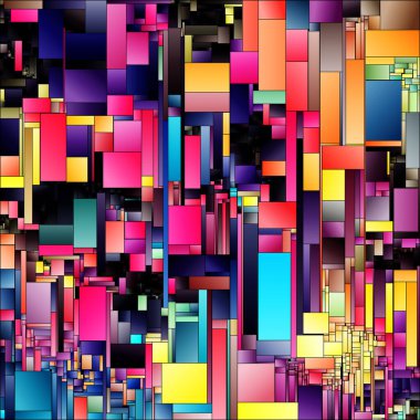 Parçalı Renk serisi. Renk teorisi, kompozisyon, tasarım birliği, renk algısı ve görsel sanat konularında uyumluluğu vurgulayan üst üste binen geometrik eğimlerin yaratıcı deseni.