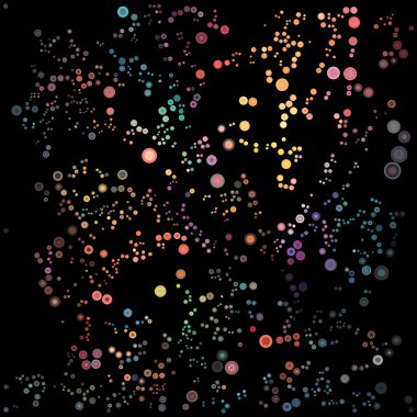 Dairesel gerçeklik serisi. Parlayan noktaların canlı dağılımı moleküler uyum, atomik sistemler ve soyutlama konularında ritmik kozmik yankılar yaratıyor..