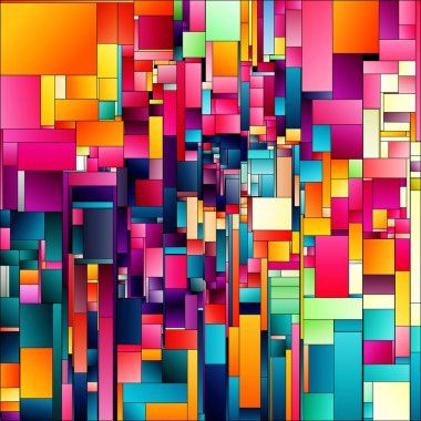 Gradyan Soyutlama Serisi. Katmanlı dikdörtgen gradyanlı geometrik tasarım görsel sanat, tasarım birliği, renk algısı, kompozisyon ve renk teorisi üzerine bağlayıcı bir kompozisyon oluşturur..