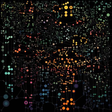 Bağlı gerçeklik serisi. Bağlantı, görsel algı, tasarım birliği, atomik, moleküler ve korusküler teori konularındaki karmaşık kalıplarla birbirine bağlı canlı kürelerin bileşimi.