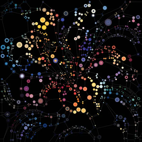 Moleküler bağlantılar serisi. Moleküler teori, korusküler tasarım, bağlantı ve birlik konularındaki karmaşık kalıplarla birbirine bağlı canlı kürelerin bileşimi.