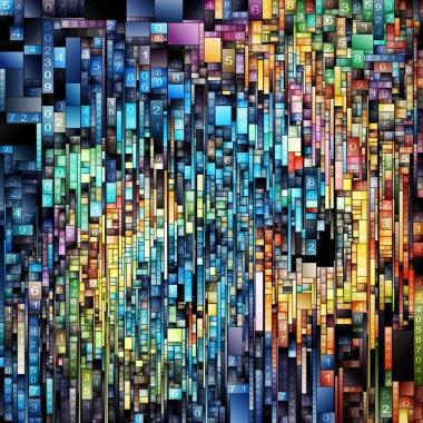 Numeric Realm series. Image of interlocking numerical fragments that form a complex pattern on the subject of geometry, math, science, digital abstraction, platonic domain, and mathematical abstraction.