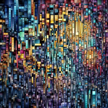 Dijital Parçalanma Serisi. Matematik, bilim, geometri, dijital soyutlama, platonik alan adı ve matematiksel soyutlama konularında karmaşık bir şablon oluşturan birbirine kenetlenmiş sayısal elementlerden oluşan tasarım.