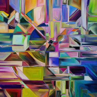 Mozaik tuval serisi. Bu sanat eseri, her biri canlı renklerle dolu soyut formların karmaşık bir düzenini sunuyor, dinamik bir enerji hissi yaratıyor..