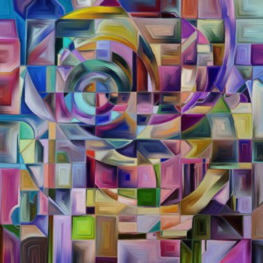 Mozaik tuval serisi. Hareketi ve dönüşümü çağrıştıran soyut formların ve kalın renklerin canlı ve çekici bileşimi.