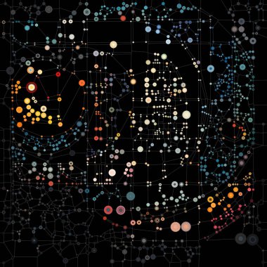 Dot World serisi. Atomik birlik, bağlantı ve moleküler teori konularındaki karmaşık kalıplarla birbirine bağlı canlı kürelerin bileşimi.