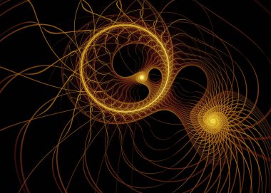 Fractal Paths serisi. Sıcak altın tonlarda kıvrımlı şekiller, geometri, matematik, fraktal tasarım, bilim ve görselleştirme konularında derinlik yaratır..