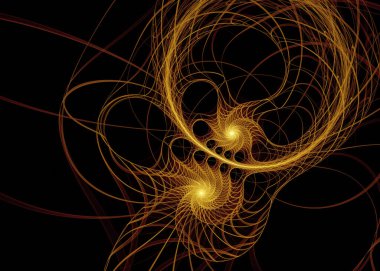 Fraktal iplikler serisi. Sanat, bilim, tasarım, geometrik görselleştirme, fraktal geometri ve kaos teorisi üzerine bir altın ışık girdabının soyut tasviri.