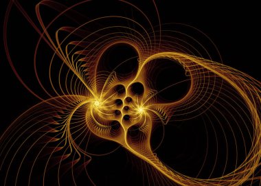 Fraktal patika serisi. Geometrik görselleştirme, fraktal geometri, kaos teorisi, sanat, bilim ve tasarım konularında karmaşık altın ışık oluşumları.