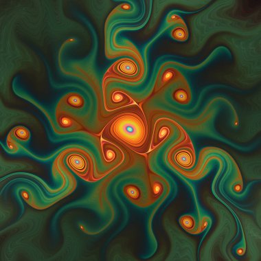 Fraktal girdap serisi. Tasarım, akış görselleştirme, fraktal geometri, kaos teorisi, sanat ve bilim konularında derin bir enerji hissi taşıyan parlak bir grafik..