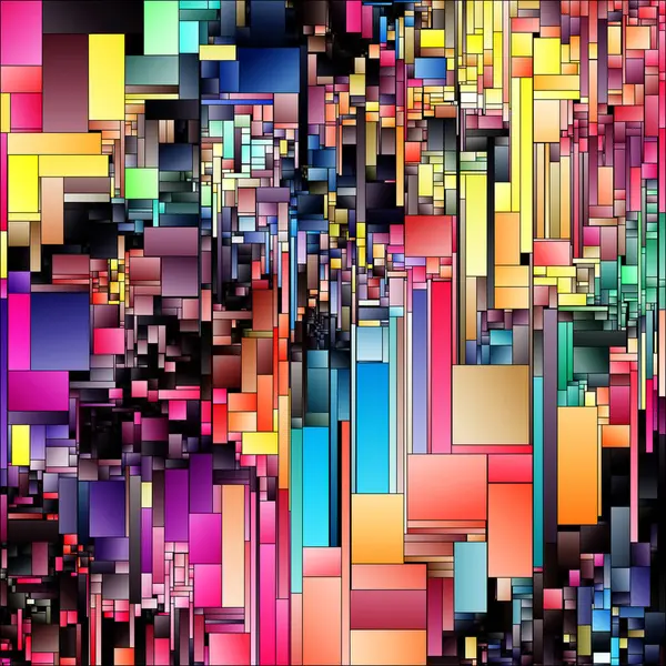 Gradyan Parçalar serisi. Tasarım, görsel sanat, renk algısı, renk teorisi ve kompozisyon konularındaki renkli iç içe geçmiş dikdörtgenlerin soyut kompozisyonu.