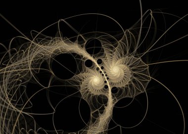 Fraktal iplikler serisi. Kaos teorisi, sanat, bilim, tasarım, geometrik görselleştirme ve fraktal geometri üzerine dönen bir bej ışık fırtınasının soyut tasviri.